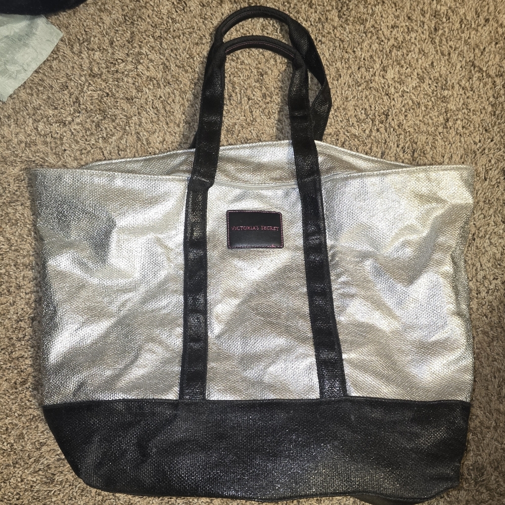 Victoria's Secret Metallic Silver and Black Tote Bag